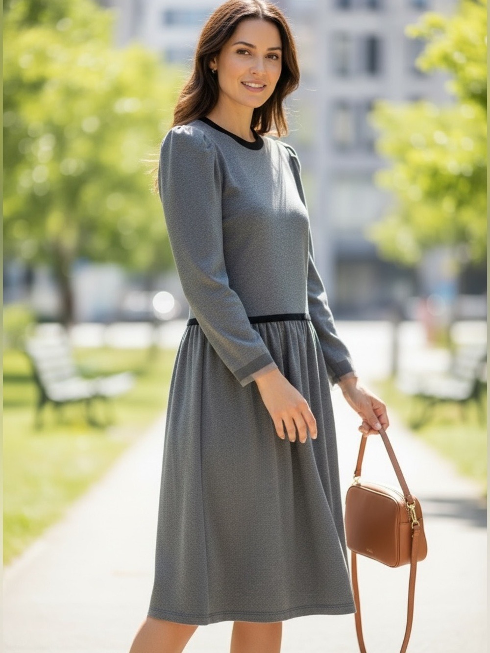 80s POSITIVE ATTITUDE GRAY & BLACK PADDED SHOULDERS DROP WAIST KNIT MIDI DRESS 6